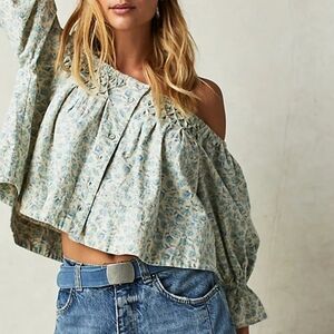 Free People James Smock top Off Shoulder Button Front Floral White Blue Medium M